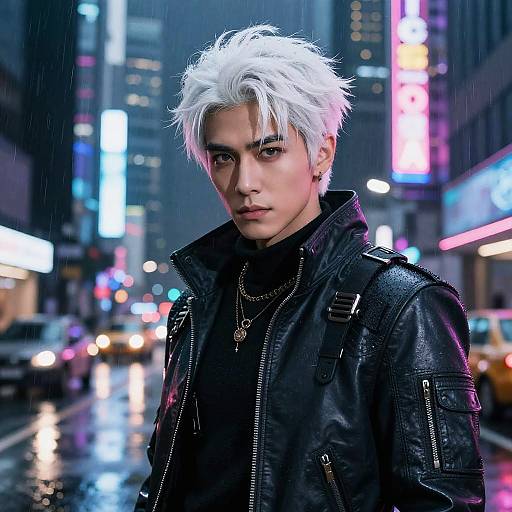 Photorealistic digital art of a white-haired, pale-skinned man with piercing eyes, wearing a black leather jacket and necklace, standing in a neon