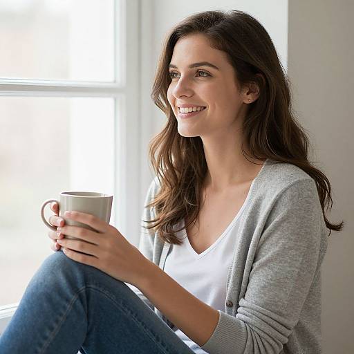 Photograph of a smiling woman with long brown hair, wearing a white tank top and gray cardigan, holding a white mug, sitting by a bright
