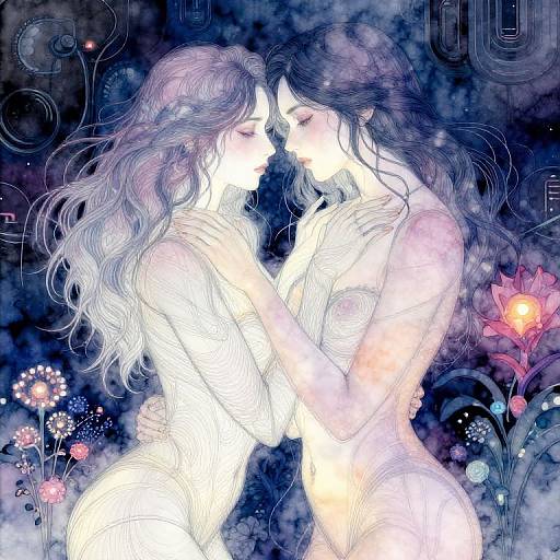 Digital art of two ethereal, nude women with flowing hair, gently touching, surrounded by glowing flowers and intricate lines in a dreamy, blue-purple