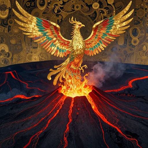 Digital artwork of a golden phoenix with multicolored wings emerging from a fiery volcanic eruption, set against an ornate, gold-patterned background.