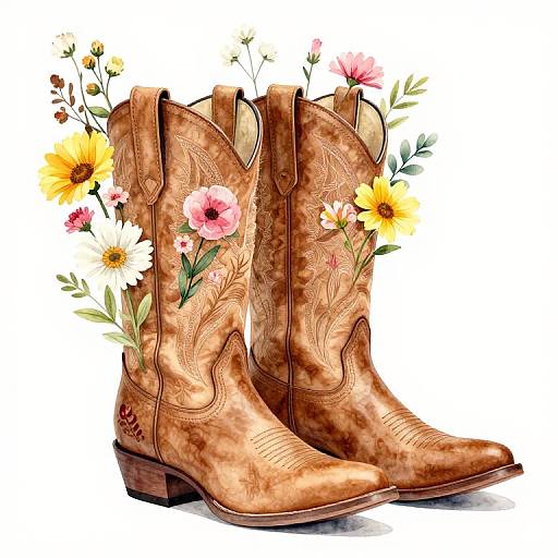 Photograph of brown, embossed cowboy boots adorned with colorful flowers, including yellow daisies and pink blossoms, against a white background.