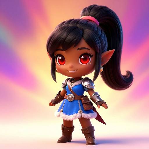 Chibi-style digital drawing of a cute, dark-skinned elf girl with large red eyes, black ponytail, wearing blue armor dress, brown boots