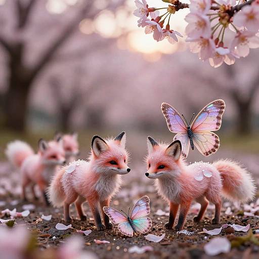 Celestial Cherry Blossom Valley with Rosy Foxes