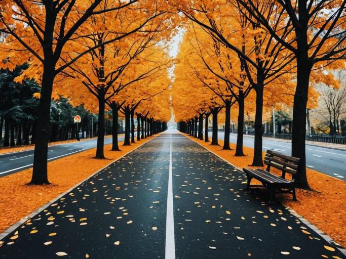 Autumn Trees and Bench Wallpaper Design