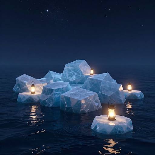 Photorealistic CGI of glowing lanterns on floating ice cubes in a dark, starry ocean at night, creating a serene, ethereal scene.