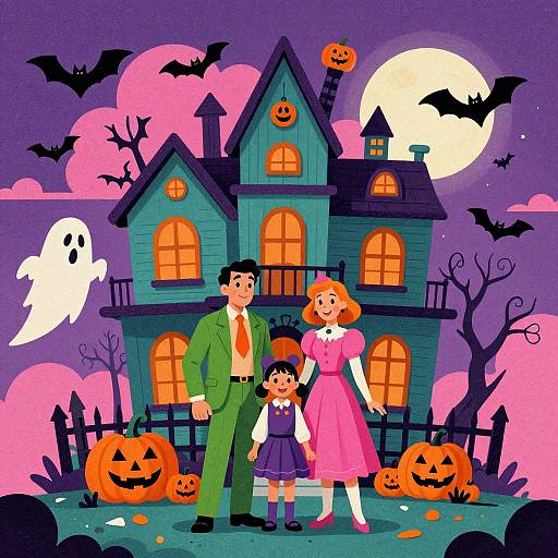 Cartoon family in Halloween scene: father in green suit, mother in pink dress, child in purple outfit, in front of haunted house with bats,