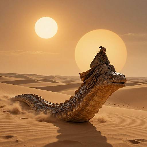 Photorealistic CGI of a large, textured dragon with scales, carrying a robed figure across a golden desert under a bright sun.