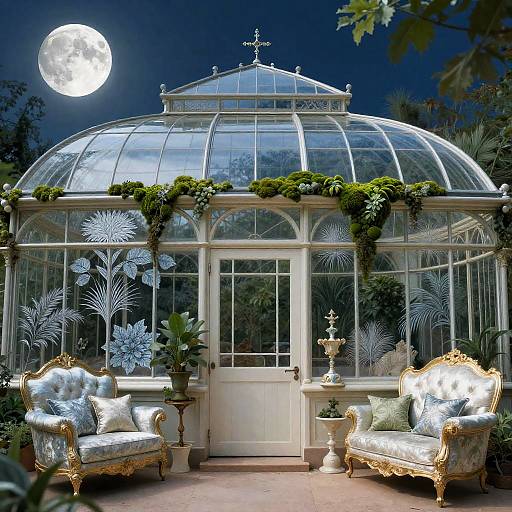 Moonlit Pre-Raphaelite Glass Conservatory Interior
