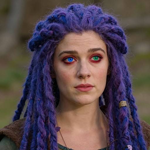 Photograph of a pale-skinned woman with striking blue and green heterochromatic eyes, wearing purple dreadlocks and brown clothing, with a blurred forest