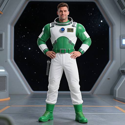 Photorealistic CGI image of a smiling, muscular man in a green and white astronaut suit standing confidently in a space station.