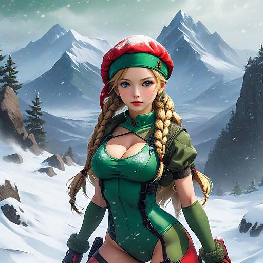 Digital art of a blonde woman with green outfit, red hat, and large breasts, standing in snowy mountain landscape. She has braided hair, green