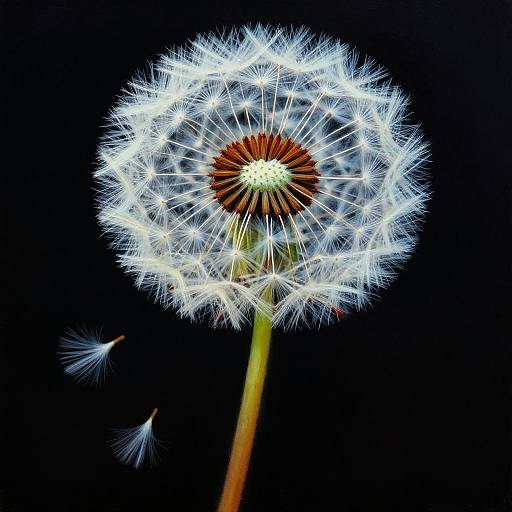 Close-up photograph of a glowing white dandelion clock against a black background, highlighting its delicate, feathery seeds and central red-brown core