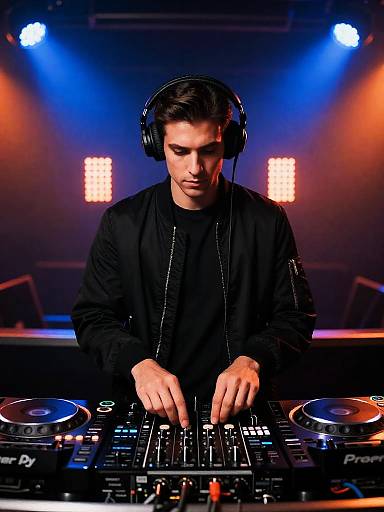 Serious DJ Behind Neon-Lit Decks