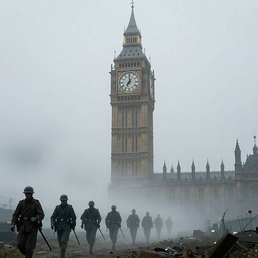 Photograph of soldiers in camouflage marching towards the fog-covered Big Ben clock tower amidst debris and mist.