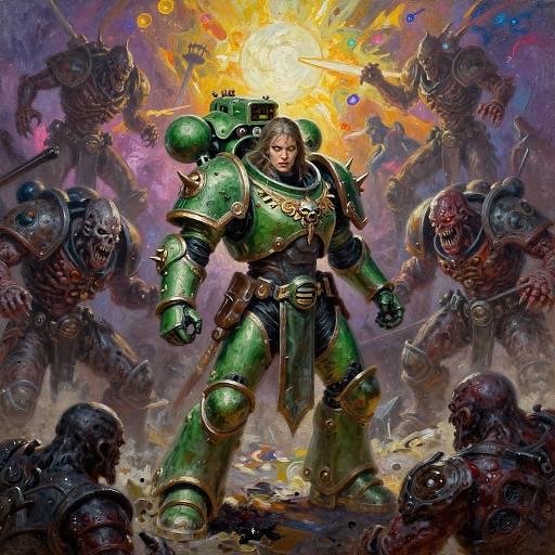 Digital fantasy artwork of a muscular, armored warrior in green, standing defiantly amidst a chaotic battle scene with glowing, fiery background and monstrous, horror-like