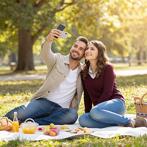 Cheerful Couple Picnic Selfie Outdoors