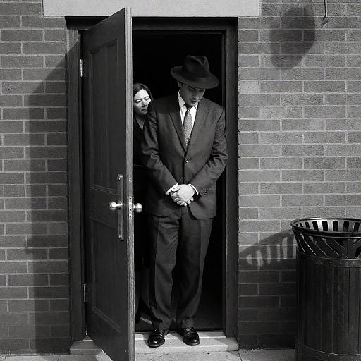 Man in Suit and Fedora Standing in Doorway