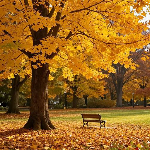 Photograph of a park bench under a vibrant yellow-leaved tree, surrounded by fallen autumn leaves, with more trees in the background.