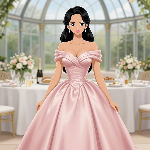 Digital anime-style illustration of a beautiful woman with long black hair in an off-shoulder pink ball gown, standing in a sunlit, floral-de