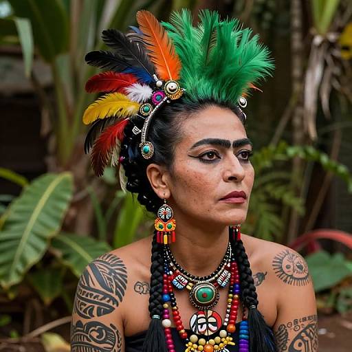 Photograph of a tattooed woman with dark skin, black hair, and vibrant green mohawk feathers, adorned with colorful jewelry and tattoos, set against