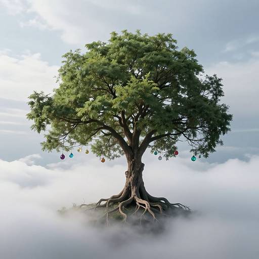 Digital art: Enchanted tree with green leaves, hanging colorful orbs, rooted in misty clouds, against a bright, cloudy sky.