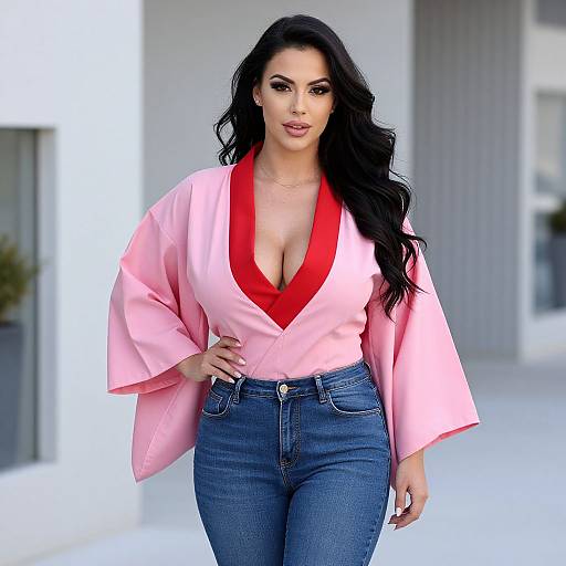 Photograph of a curvy woman with long black hair, wearing a pink kimono-style top with red neckline, and high-waisted blue jeans