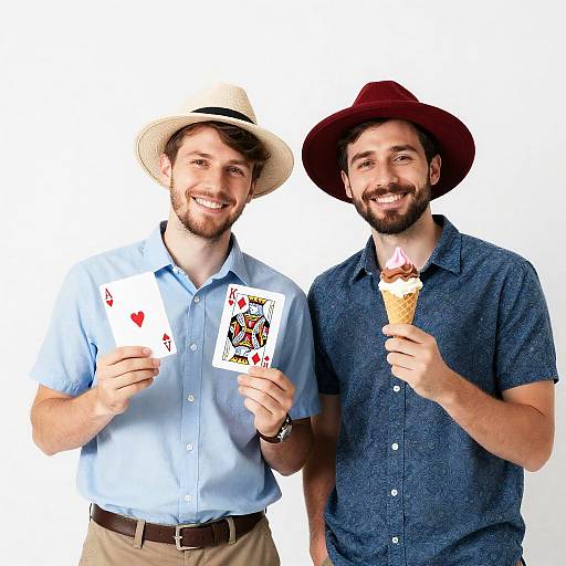 Two Happy Men with Cards and Ice Cream