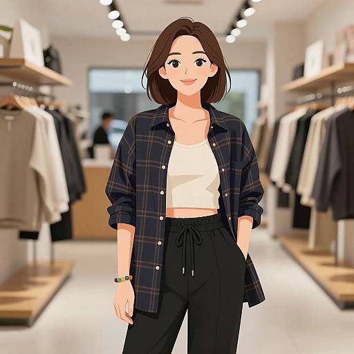 Digital anime-style drawing of a smiling woman with short brown hair, wearing a plaid shirt over a white crop top and black pants, standing in a