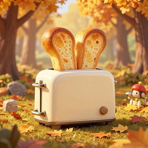 Photograph of a white toaster with two perfectly toasted slices of bread, set on a grassy autumn forest floor, surrounded by colorful leaves and a small