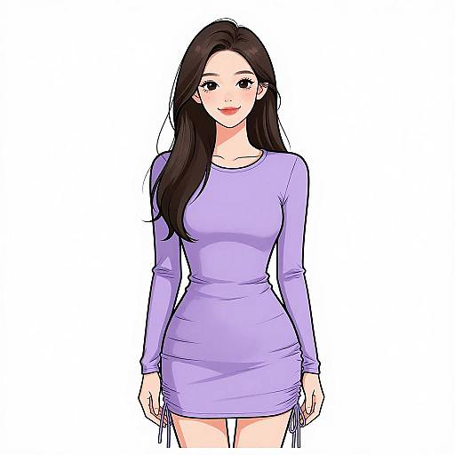 Digital anime-style drawing of a smiling woman with long black hair, wearing a tight, long-sleeve, lavender dress, against a white background.