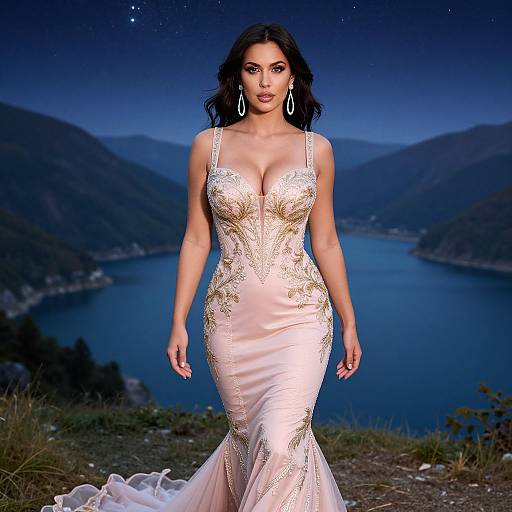 Photograph of a curvy woman with dark hair in a sparkling, form-fitting, pale pink evening gown, standing against a night sky over a