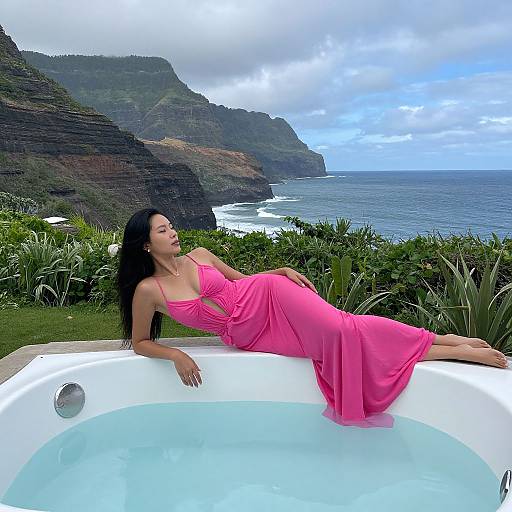 Photograph: Asian woman with long black hair, wearing a pink, low-cut dress, lounges in an outdoor hot tub overlooking a coastal cliff and
