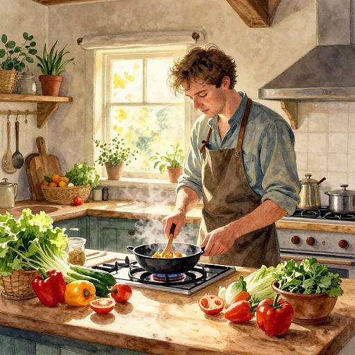 Ken Cooking in Cozy Rustic Kitchen