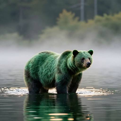 Photograph of a large, greenish-brown grizzly bear standing in shallow water, reflecting on the calm surface, with misty forest background.