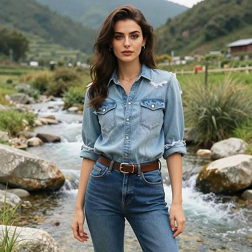 Photograph of a tall, dark-haired woman in a blue denim shirt and high-waisted jeans, standing by a flowing river in a green,
