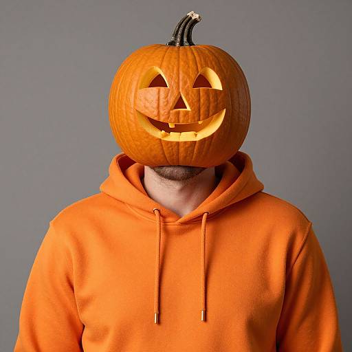 Photograph of a person wearing an orange hoodie, with a carved jack-o'-lantern head featuring a smiling face, against a gray background.