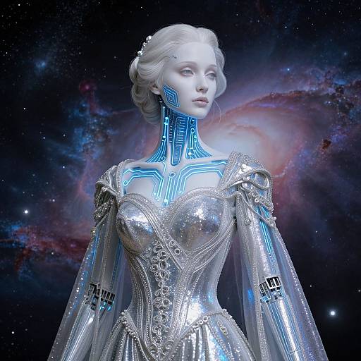 Digital artwork of a silver, robotic woman with glowing blue circuitry, wearing a shimmering, Victorian-style dress, set against a cosmic nebula background