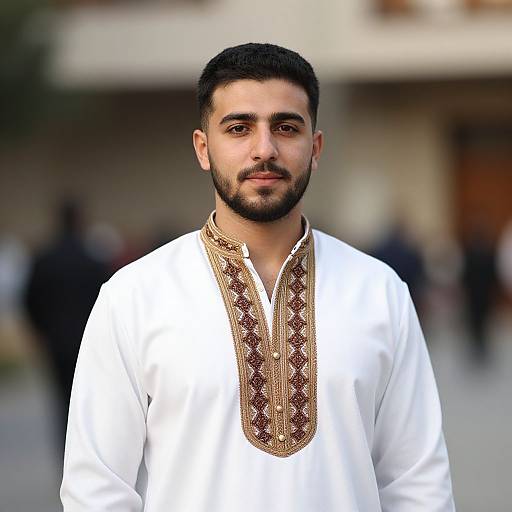 Photograph of a bearded man with dark hair, wearing a white traditional Pakistani sherwani with intricate gold embroidery, standing outdoors with a blurred background
