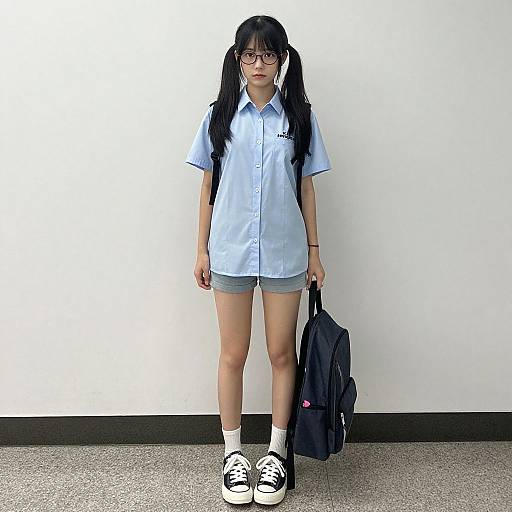 Photograph of an Asian girl with long black hair in pigtails, wearing glasses, light blue shirt, gray shorts, white socks, black sneakers