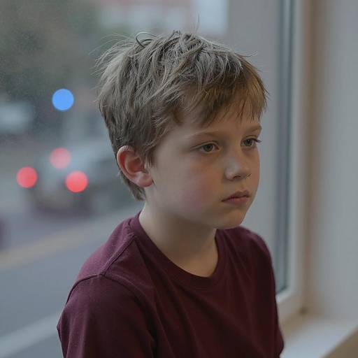 Pensive Boy by Window with Bokeh Lights
