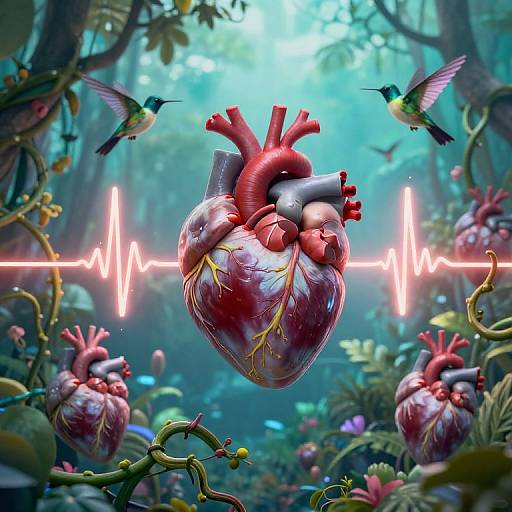 Digital art: Vivid, surreal forest scene with glowing heartbeat line, floating hummingbirds, and anatomically detailed red and purple heart-like organisms amid vibrant