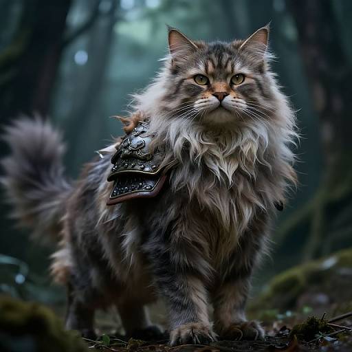 Photorealistic digital artwork of a regal, long-haired, gray tabby cat with golden eyes, wearing medieval-style armor, standing confidently in a