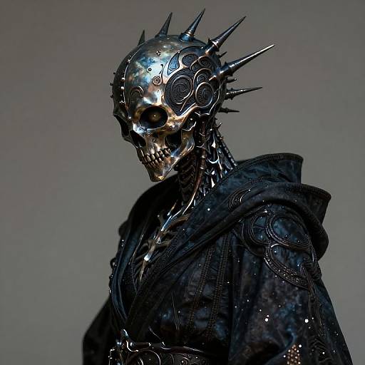 Photograph of a metallic, skeletal humanoid with a spiked helmet, black leather jacket, and glowing eyes, set against a gray background.