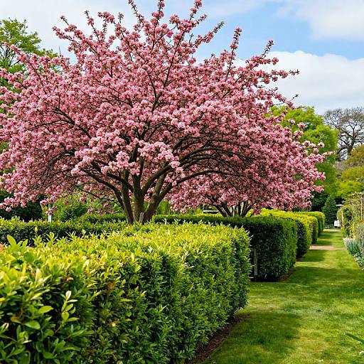 Photograph of a vibrant spring scene with a large, blooming pink cherry tree, surrounded by neatly trimmed green hedges and lush grass, under a