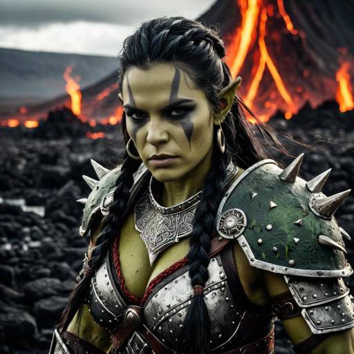 Fierce Female Orc Warrior in Volcanic Battlefield