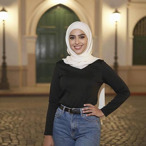 Photograph of a smiling young woman with light brown skin, wearing a white hijab, black long-sleeve top, and blue jeans, standing