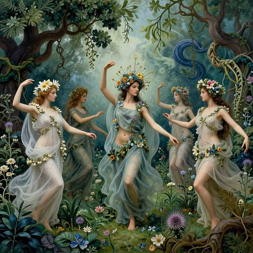 Digital painting of four fairies with flower crowns and flowing white gowns, dancing in a lush, enchanted forest. Bright flowers and soft light highlight