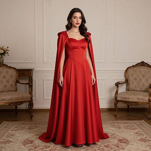 Photograph of a dark-haired woman in a red, long-sleeve evening gown with a square neckline, standing in an elegant, white-walled