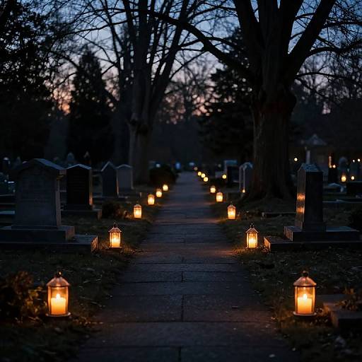 Photograph of a cemetery path at twilight, illuminated by glowing orange lanterns, with bare trees silhouetted against a darkening sky.
