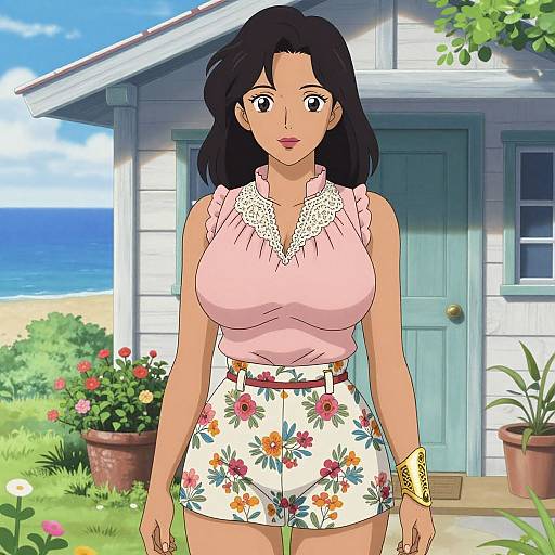 Digital anime-style drawing of a woman with medium skin, large breasts, black hair, wearing a pink top and floral shorts, standing in front of a